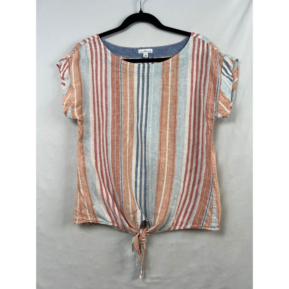 L.L. Bean Signature Linen Top Womens XS Multi Color Stripe Tie Front 503765